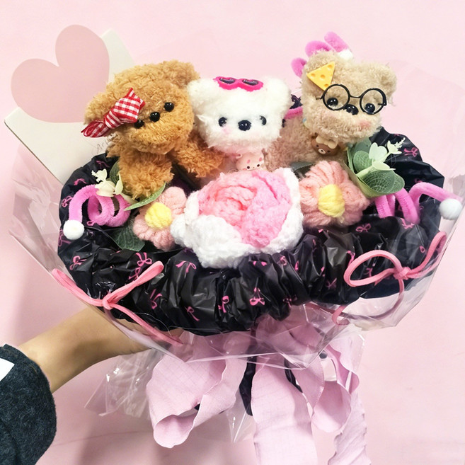 에이치엠데코 강아지 인형 꽃다발 졸업식꽃다발 학예회 꽃다발 졸업선물, 1개, 블랙&핑크