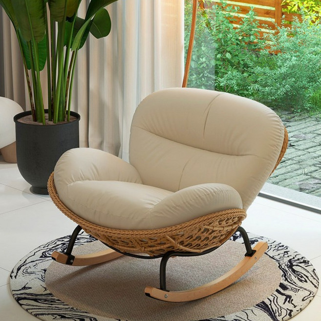 하벤체어 라탄 흔들의자 1인용 쇼파 안락의자 리클라이너 스윙 체어 수유의자 독서의자, 라탄 크림화이트 가죽, 1개
