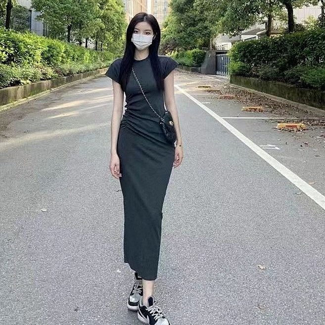 韓版氣質收腰顯瘦小飛袖洋裝 深灰色