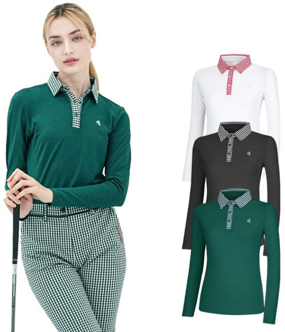 김영주 여성 봄 가을 골프웨어 체크 기능성 긴팔 에리 카라 티셔츠 스포츠 상의