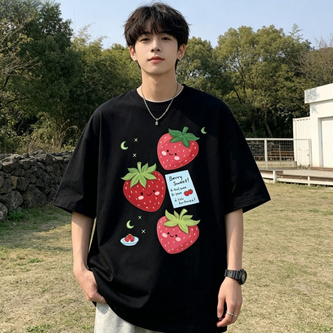 남녀공용 귀여운 딸기 캐릭터 프린트 200G 면 반팔티셔츠 라운드넥 오버핏 빅사이즈 루즈핏 썸머 통기성 베이직 무지반팔티