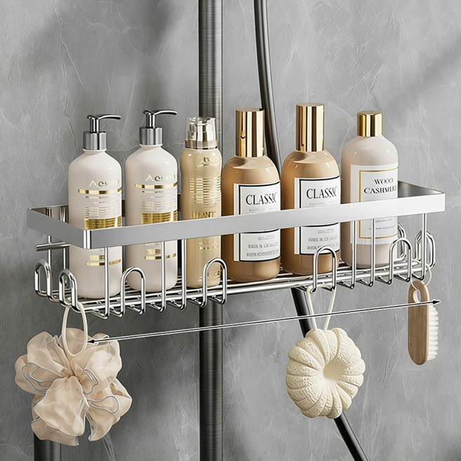 Alemon 스테인레스 무타공 샤워기 봉 욕실 선반 거치대 걸이형 정리, 은색, 1개