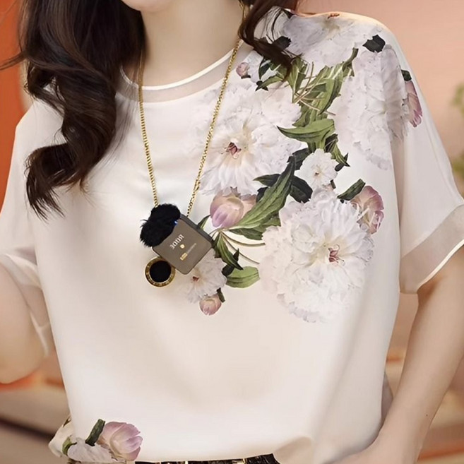 여성 여름 반팔 실크 블라우스 플라워 프린트 우아한 스타일 탑 Z10