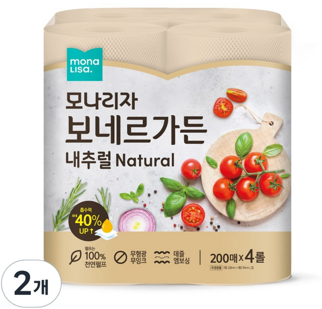 모나리자 무표백 키친타올 보네르가든 내추럴 200매 (빅사이즈), 2개, 4롤