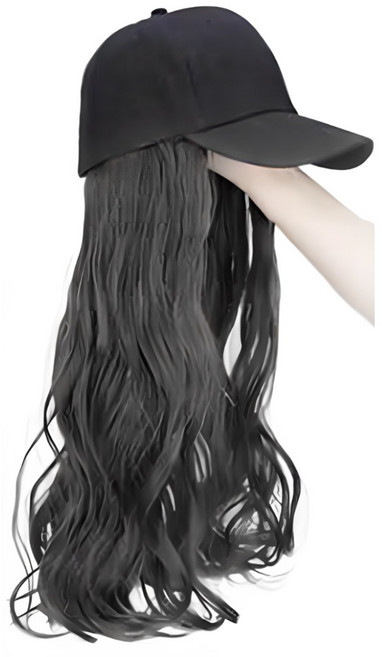 하이유니 심플 블랙 볼 캡 롱 헤어 모자 가발, 웨이브펌, 브라운블랙, 1개