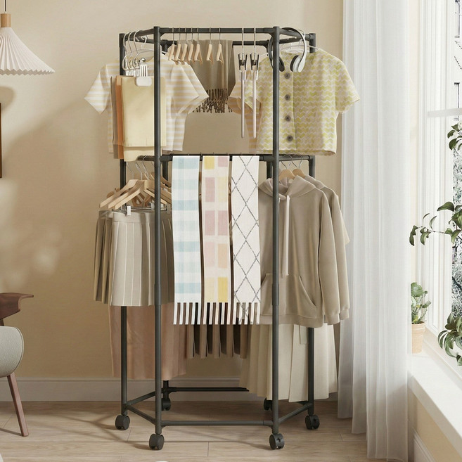 홈위시 이동식 육각형 튼튼한 360도 회전 철제 행거, 블랙