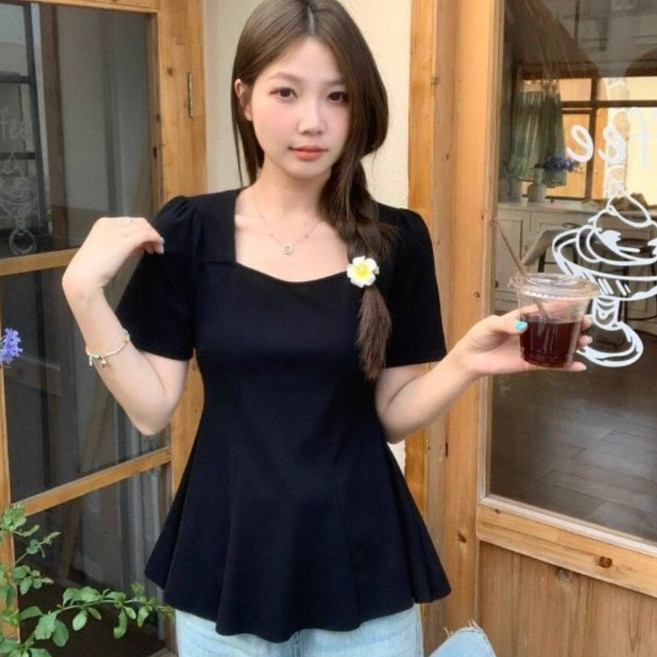 COSYEVNO 여성 반팔 티셔츠 스퀘어넥 허리 조임 루즈핏 솔리드 여름 상의