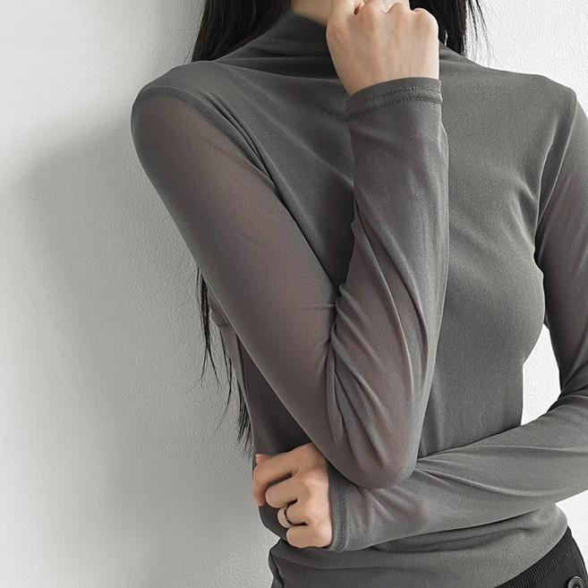 여리핏 보들 스판 슬림라인 두겹 시스루 반목 폴라 긴팔 티