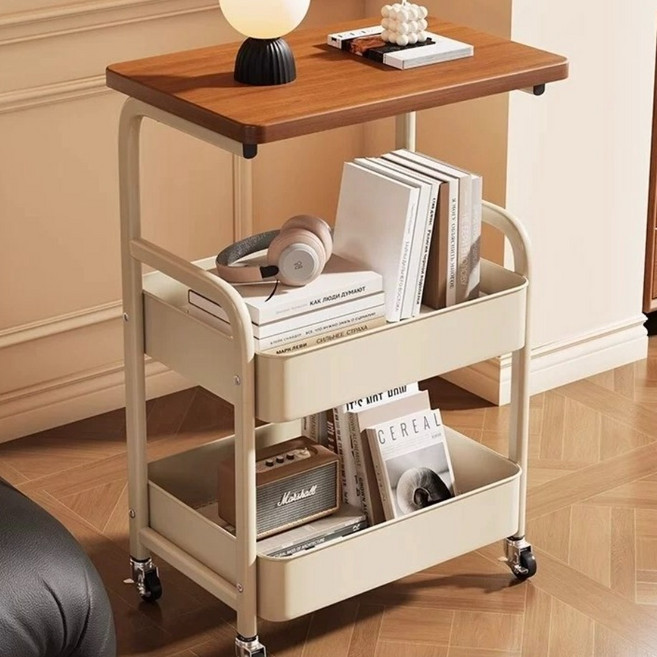 360도 회전 휠 테이블 탑 이동식 수납카트, 테이블탑 화이트, 3단