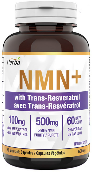 NMN 500mg 60식물성캡슐 트렌스 레스베라트롤 100mg 함유 허바캐나다, 1개, 60정