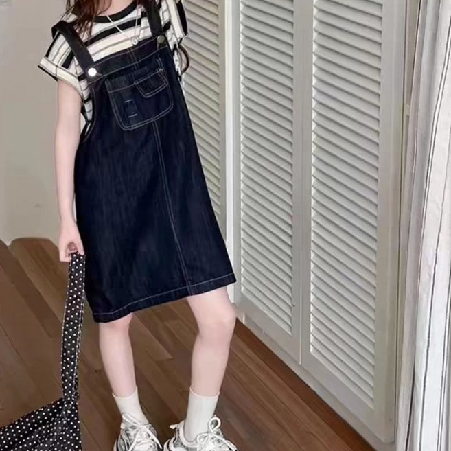 Toruva어린이 여름 스트라이프 티셔츠와 청멜빵 원피스 패션 세트14세 이상