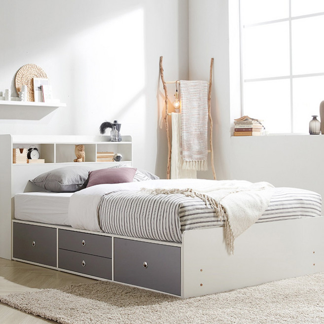 동서가구 미휴화이트 수납헤드 깊은서랍 슈퍼싱글 SS 침대 프레임 DF638731, 화이트그레이