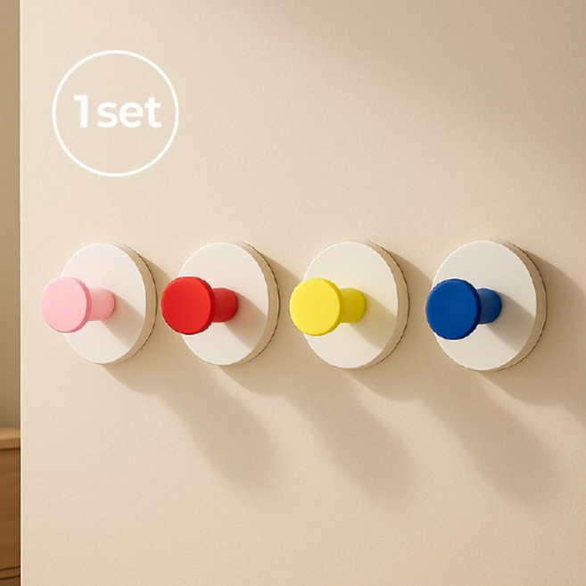 에버리즈 무타공 접착식 걸이 부착식 후크, 4개, 혼합(핑크,레드,옐로우,블루)