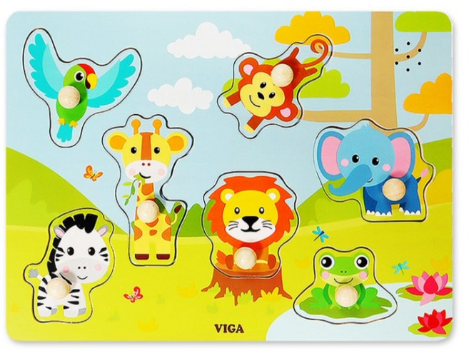 [VIGA] 사운드 원목 꼭지 퍼즐 - 정글 동물, 7피스, 1개