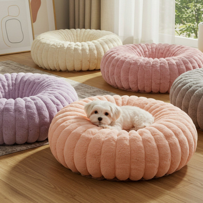 러블리썬 [러블리썬] 포근한 극세사 도넛방석 강아지 고양이 펫 침대 방석 쿠션, 페일라일락, 1개