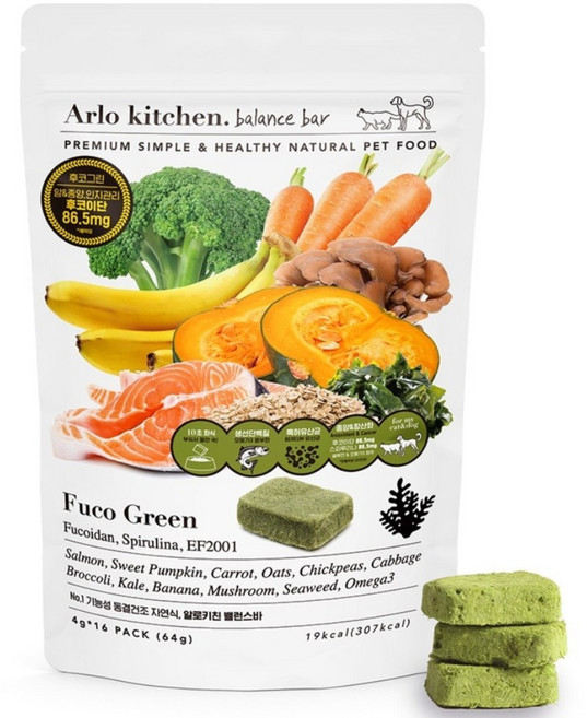 알로키친 후코이단 강화 강아지 지방종 치유 동결건조 자연식 사료 후코그린 16개, 64g, 1개