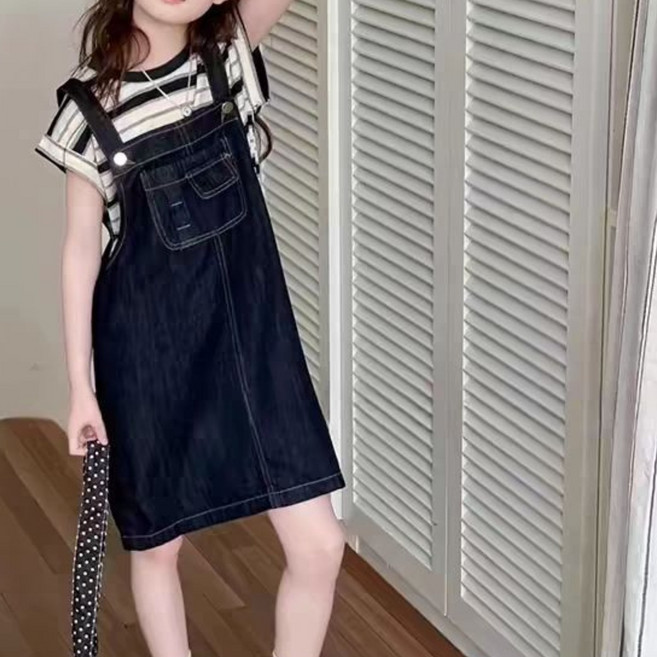 해피유통어린이 여아 캐주얼 멜빵 원피스 세트 스트라이프 티셔츠와 원피스 조합14세 이상 XG03