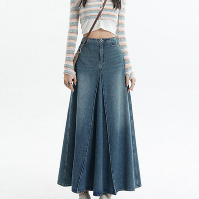 POMTOR 여성용 청치마 A라인 롱스커트 데님스커트