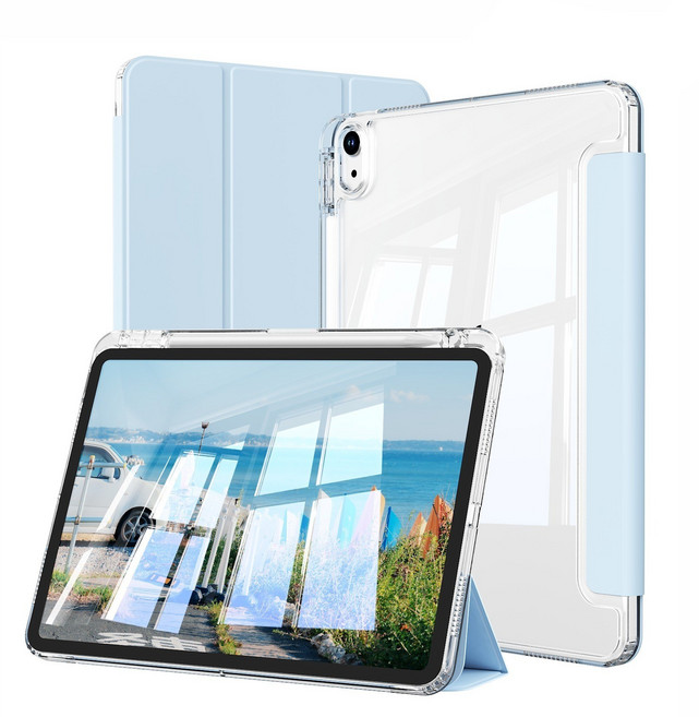 AOUB 아이패드 에어 11 보호 케이스 투명 및 낙하 방지 펜 슬롯 포함 아이패드 10/11 초박형 케이스 스마트 수면 및 깨우기 학생에게 적합, 파란색, 1개
