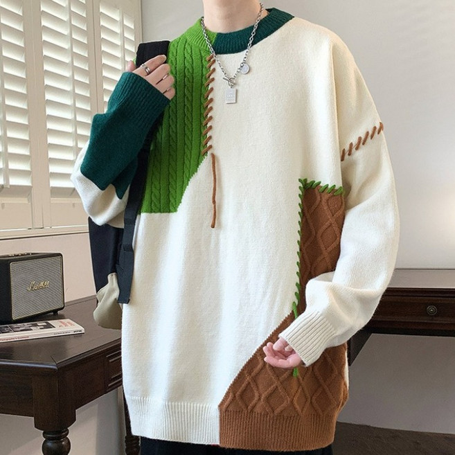 POMTOR 가을 겨울 남성용 라운드넥 니트 스웨터 여유핏 베이직 니트티