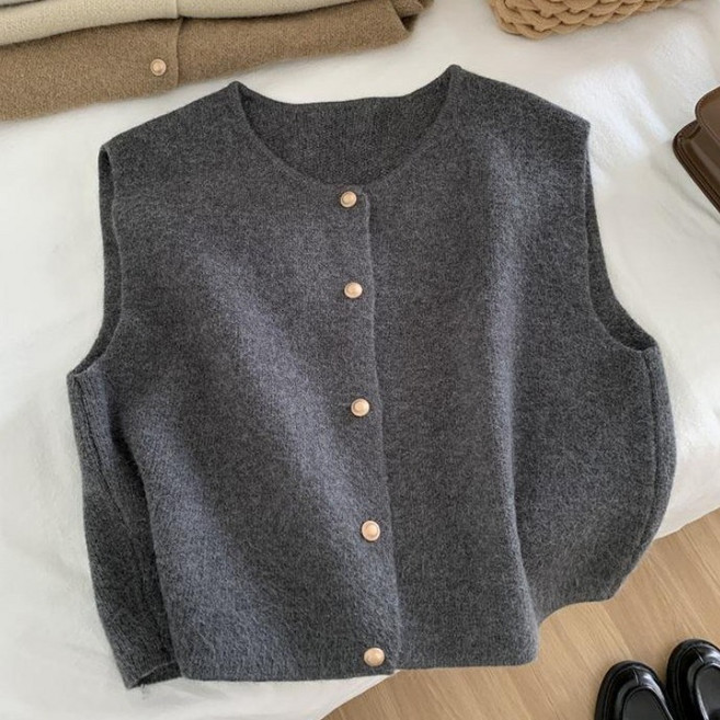 여성용 니트 베스트 오버핏 숏 팔라듐 버튼 니트조끼 가을 빅사이즈 니트 빈티지 심플 루즈핏 트렌디 편한 캐주얼 숏 버튼 상의
