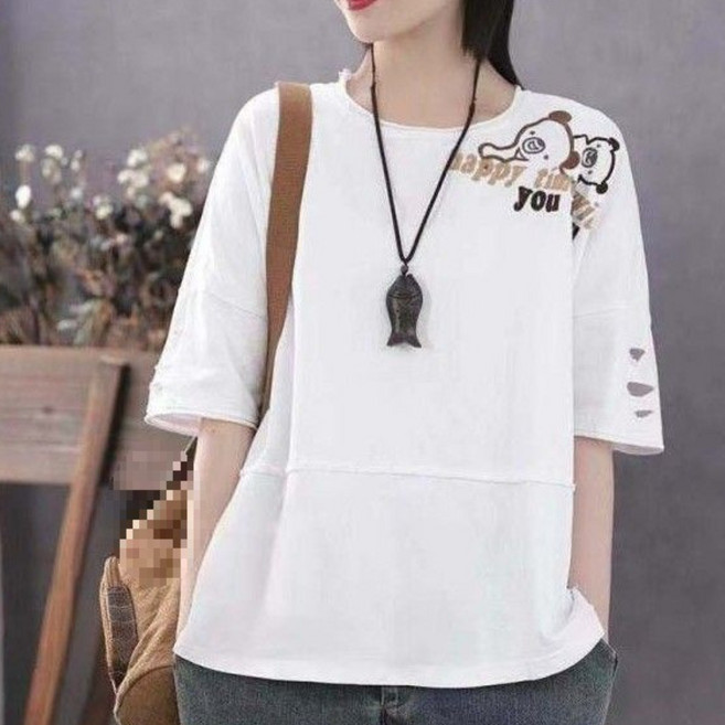 라부라카 신품 여름 여성 루즈핏 5부 티셔츠 100%면 캐주얼 프린트 티셔츠 캐주얼 루즈핏 무지반팔티 빈티지 스타일 긴팔 상의 빅사이즈