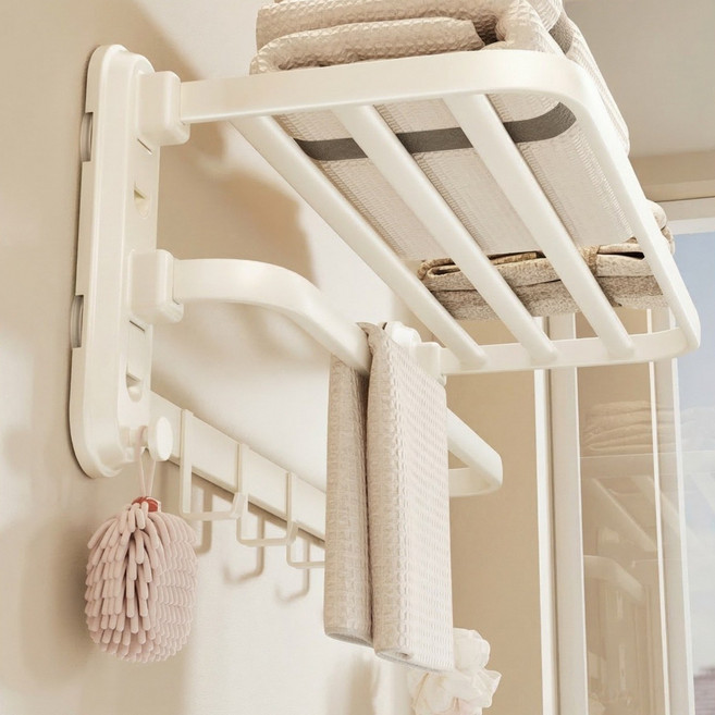 흡착식 수건걸이 욕실 타월걸이 무타공 벽걸이 수건 거치대 욕실 정리대 다용도 수납선반, 1개, 크림 화이트
