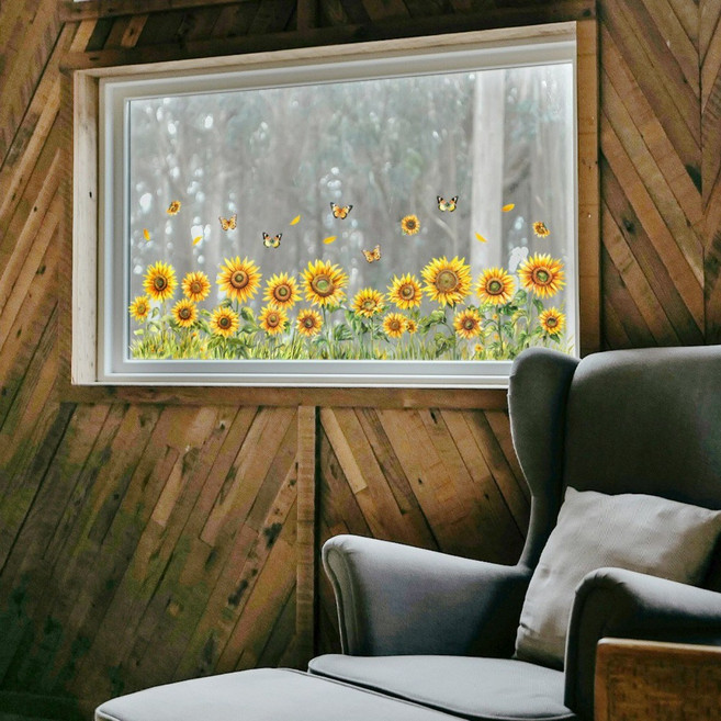 UV 양면 PVC 정전기 창문 스티커 식물 계열 생기 넘치는 거실 침실 인테리어 소품 120x30cm, 해바라기