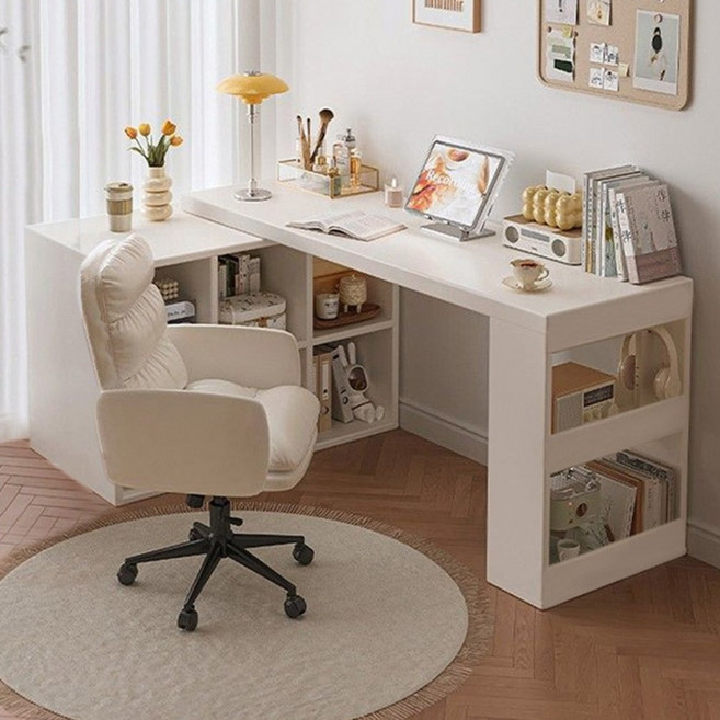 BILIMO 길이 조절형 책장 책꽂이 책상 책장 일체형 테이블, 2단, 화이트