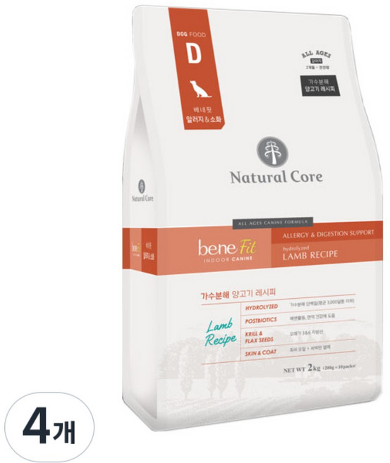 네츄럴코어 베네핏 가수분해 애견사료 피부/피모+알러지, 양고기, 2kg, 4개