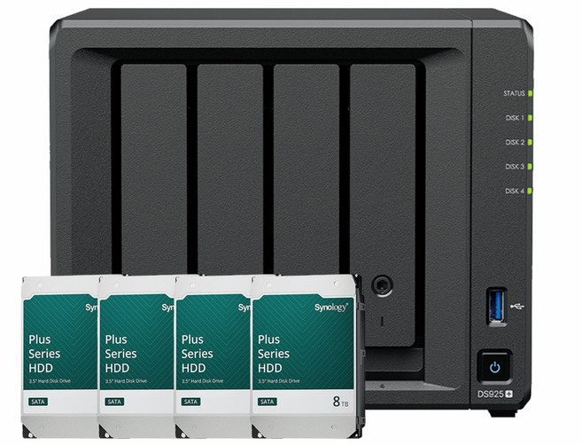시놀로지 나스 DS925+ 4베이 NAS 대용량 업무용 공유서버 초기설치지원, 32TB (8TB x 4)