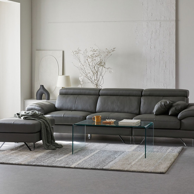 장인가구 베스테 천연면피 가죽 4인 소파+스툴, 스모키블루