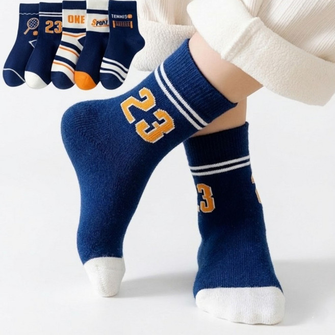 -어반바스켓- 아동용 어린이 테니스 중목 양말 5켤레 세트