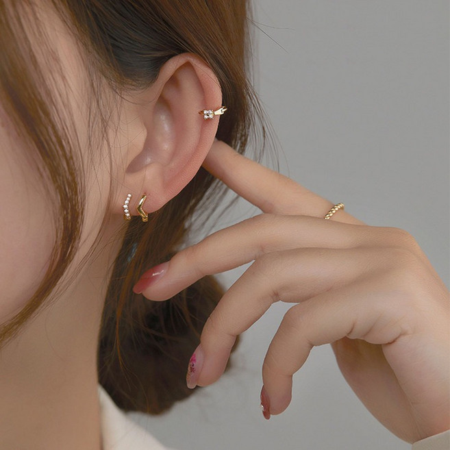 FISIVER 14K 골드색 큐빅 라운드 원터치 링 귀걸이 925실버 은침