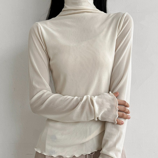 여리핏 보들 스판 슬림라인 두겹 시스루 롱슬리브 하이넥 물결폴라 목티