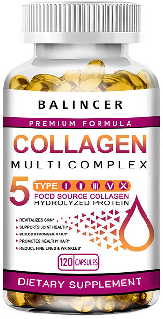 멀티 콜라겐(타입 I-II-III-VX) 순수 가수분해 콜라겐 펩타이드 - 남성 및 여성을 위한 콜라겐 보충제 - 피부 모발 성장 손톱 관절을 위한 노화 방지 콜라겐, 60캡슐, 60정