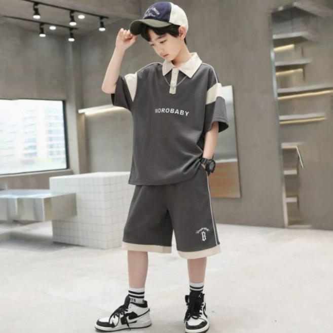 키즈목마 2025 여름 남아 카라넥 반팔 반바지 세트 주니어 캐주얼 반바지 상하복 614