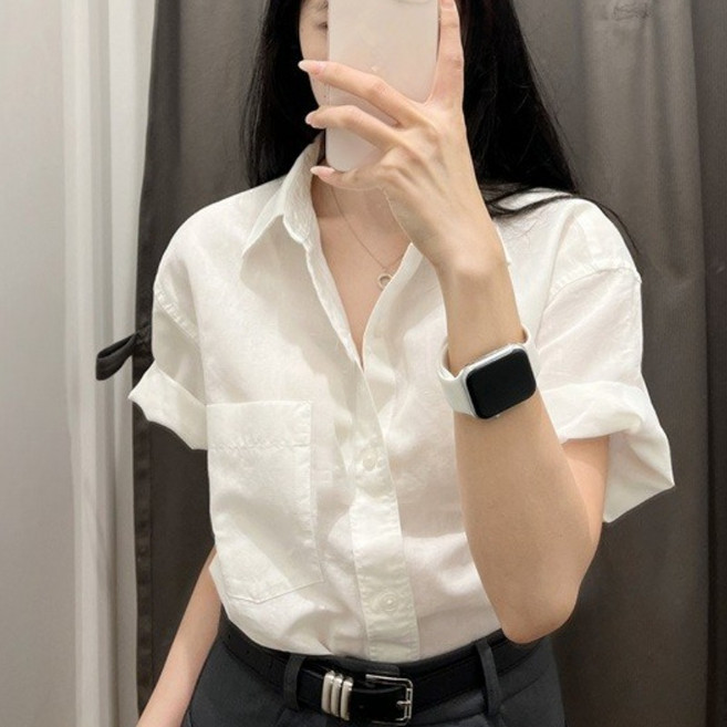 4위 - BROWMODA 여성 캐주얼 데일리 반팔 카라 티셔츠 블라우스 통기성 루즈핏 통근 셔츠