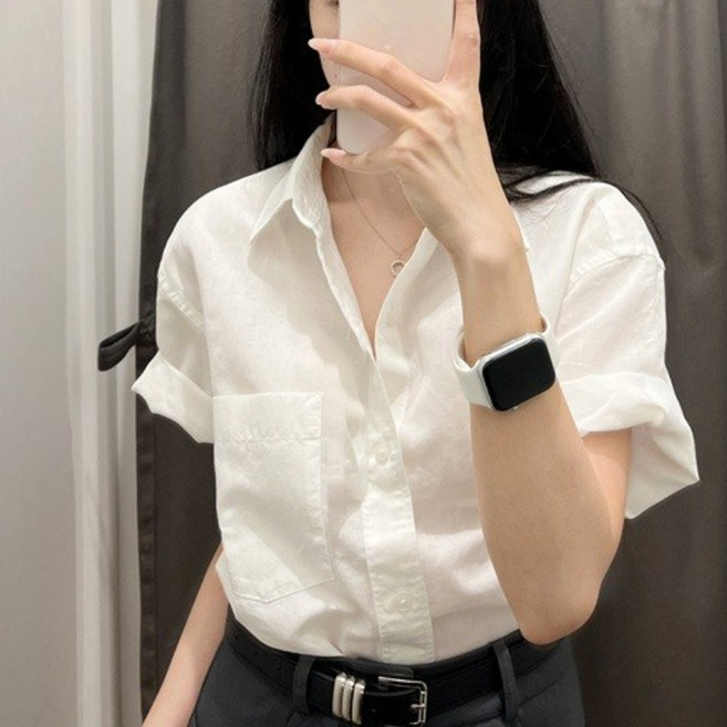 3위 - BROWMODA 여성 캐주얼 데일리 반팔 카라 티셔츠 블라우스 통기성 루즈핏 통근 셔츠