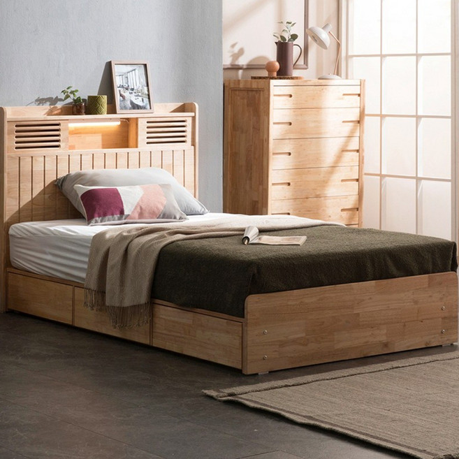 핀란디아 네이쳐 R100 수납LED 침대 SS(슈퍼싱글)+40T라텍스독립매트리스, 내추럴