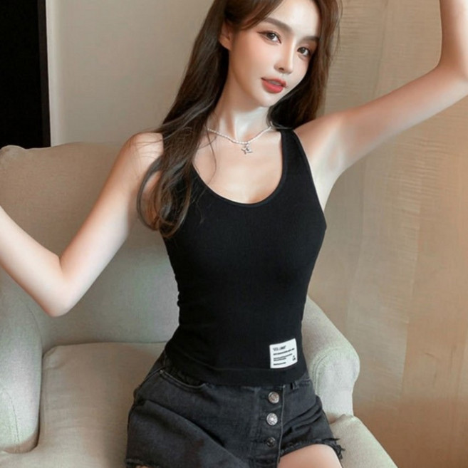 여성 브이넥 골지 캡나시 크롭 브라탑 골지 브라캡 나시 슬림핏 이너탑