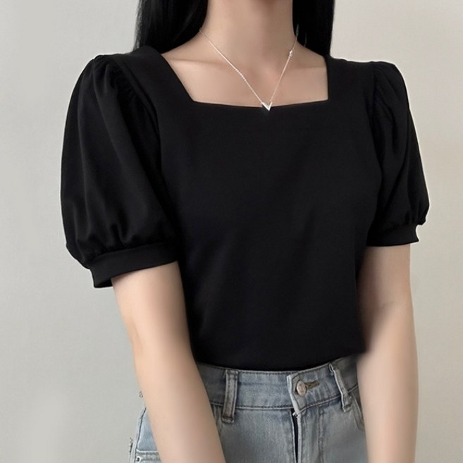 마샤 스퀘어넥 퍼프 티셔츠 여성 데일리 국내 자체제작 반팔 블라우스