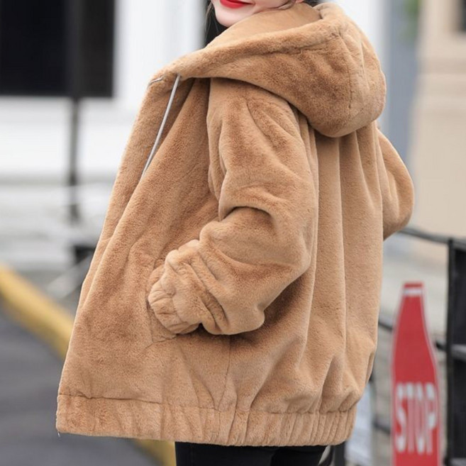 TIMEPURE 여성 플란넬 후드 자켓 중장기장 루즈핏 자켓 데일리 캐주얼 아우터 후드 점퍼 귀여운 스타일 집업 코트