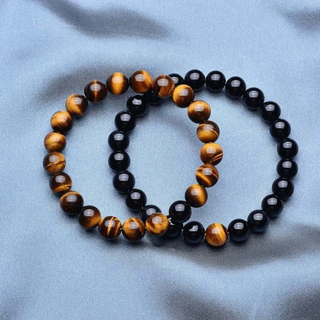 [1+1] 남성용 천연 호안석 흑요석 8MM 원석 팔찌 행운부적 염주 재물운 + 파우치