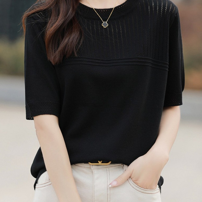 오늘코디 여성 여름 반팔 니트티 라운드넥 펀칭 니트 루즈핏 데일리 상의 S1042