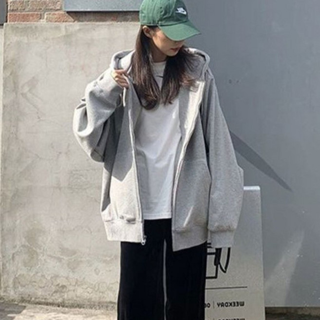 퓨리픽 남여공용 베이직 얇은 오버핏 후드집업 봄 가을 오버사이즈