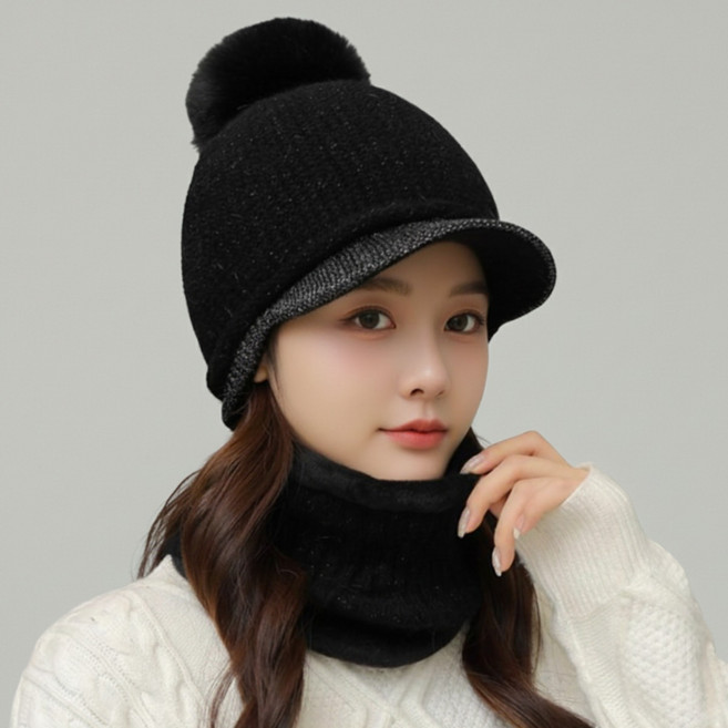 에쉬울프 니트캡모자 넥워머 세트 여성 겨울 방한 보온 방울 비니 모자
