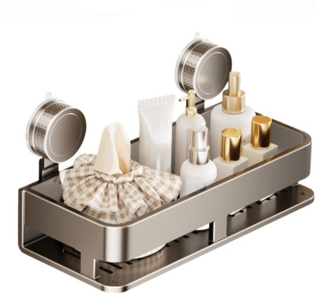 글로윅 무타공 강력 흡착식 욕실선반 물빠짐 일자형 정리대 선반, 그레이, 1개