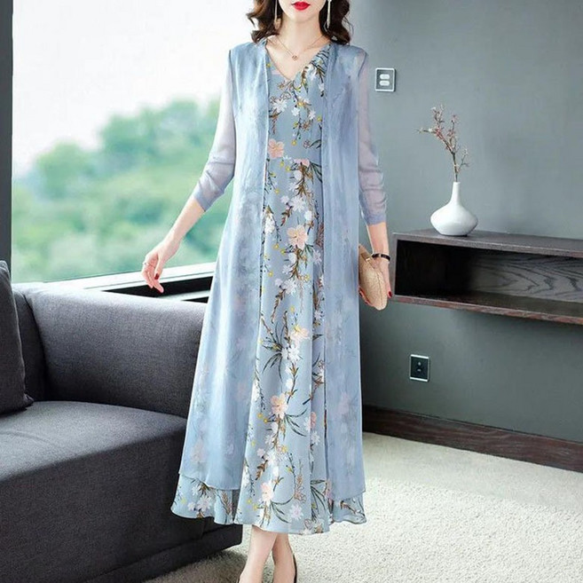 swygsqql 중년여성 세트 루즈핏 롱 여름 가디건+프린트 나시 원피스 투피스 세트 빅사이즈