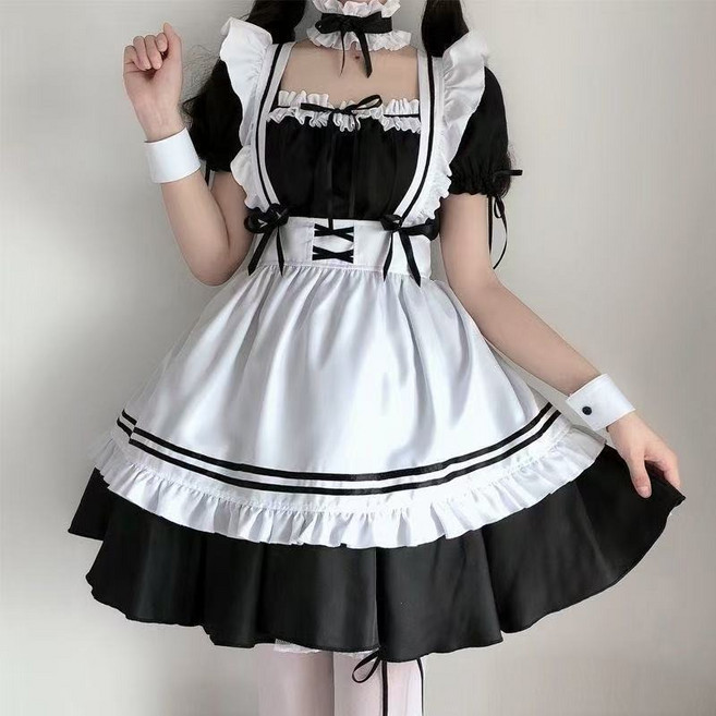 角色扮演服裝 女僕裝 經典黑白蕾絲蝴蝶結多件套裝, 黑色-大碼, 1套
